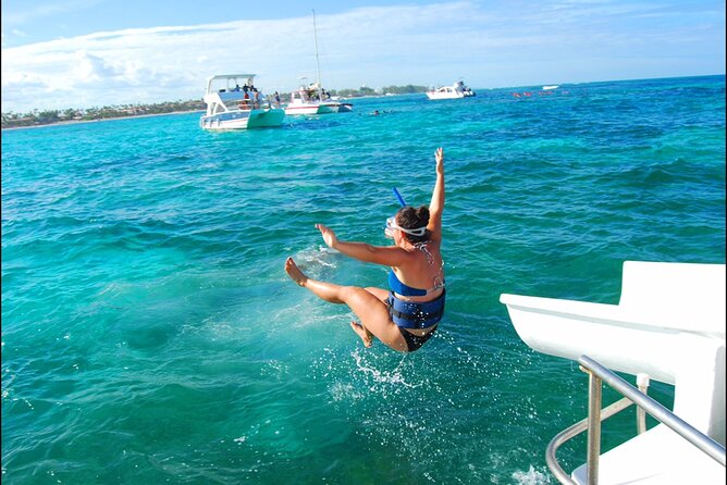 Private Party Boat with Slide and chicken skewers at Punta Cana - The natural pool is the meal stop